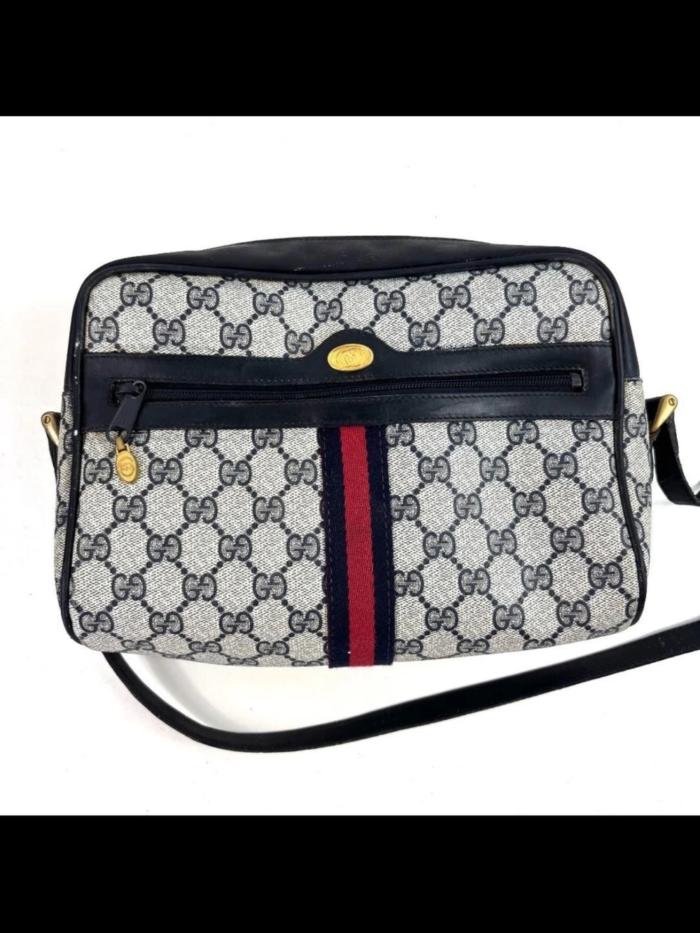 Gucci Beige/Black GG Canvas Crossbody with Red/Navy Web Stripe